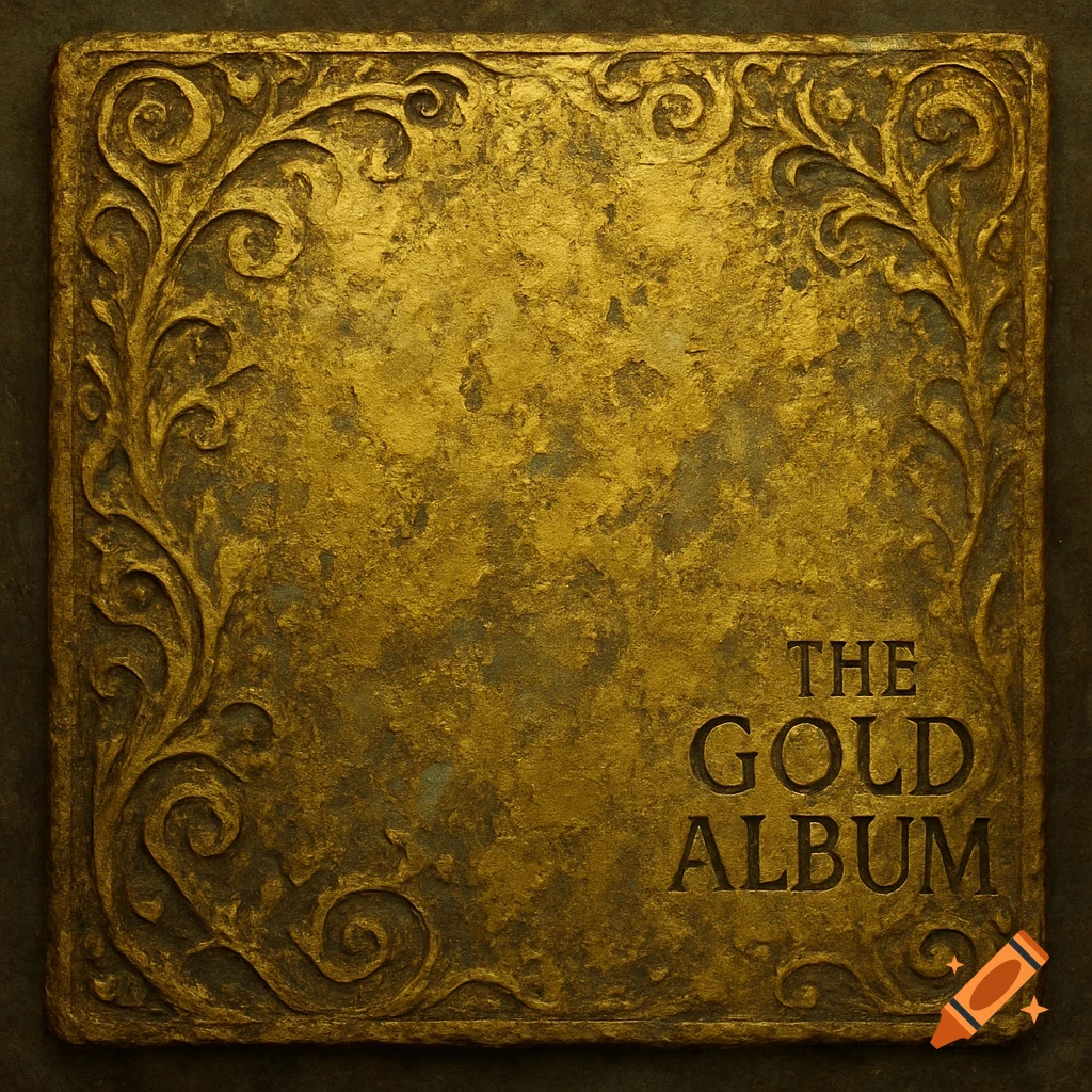Corroded gold metal plate with decorative scrollwork and etched text 'THE GOLD ALBUM'