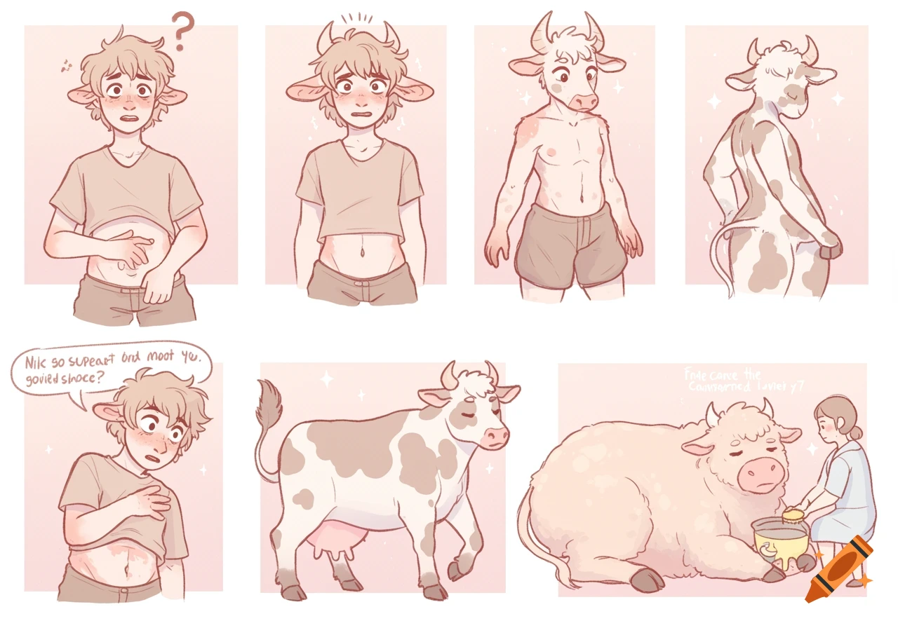 A multi-panel pastel illustration shows a person transforming into a cow, ending with them being milked.