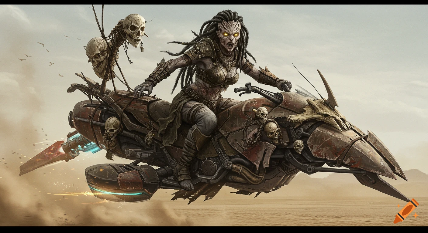 Huntress-like creature rides a skull-adorned hoverbike through a dusty wasteland.