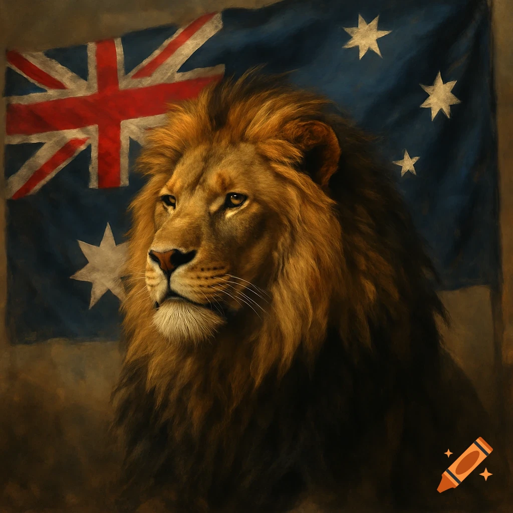 A majestic lion stands in front of an Australian flag.