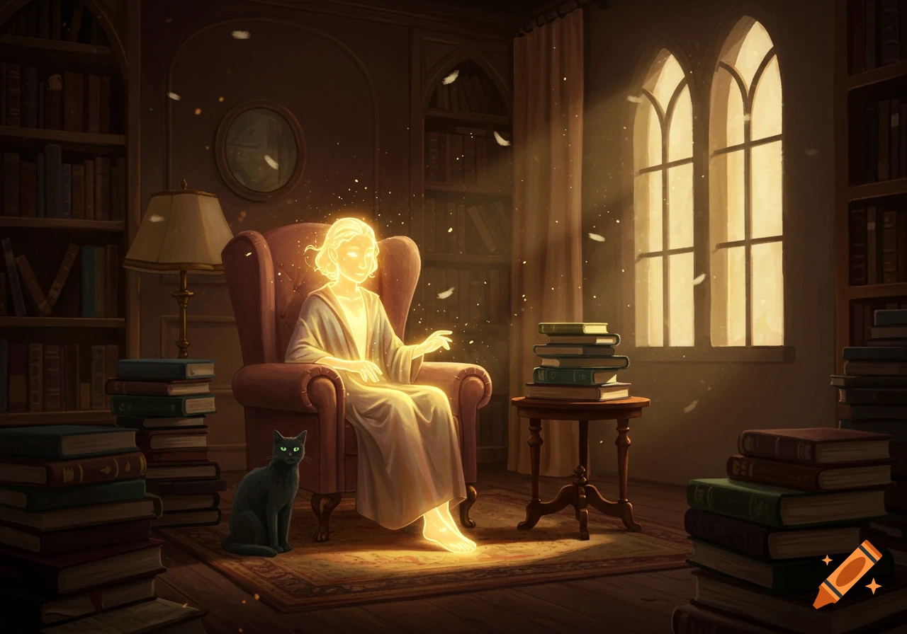 A glowing figure sits in a chair in a cozy library surrounded by books, with a black cat nearby.