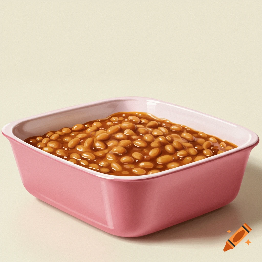 Baked beans in a pink dish.