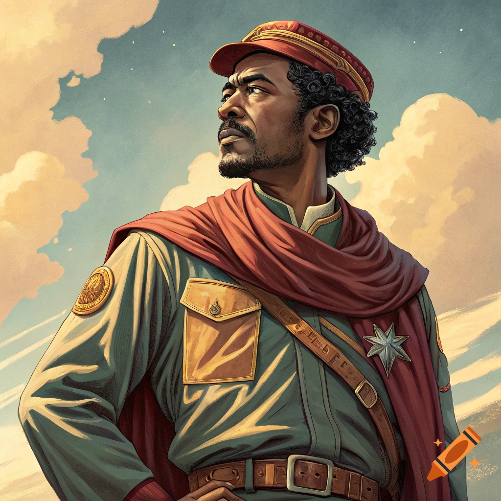 Portrait of a man in a military-style uniform and red cape looking up against a cloudy sky.