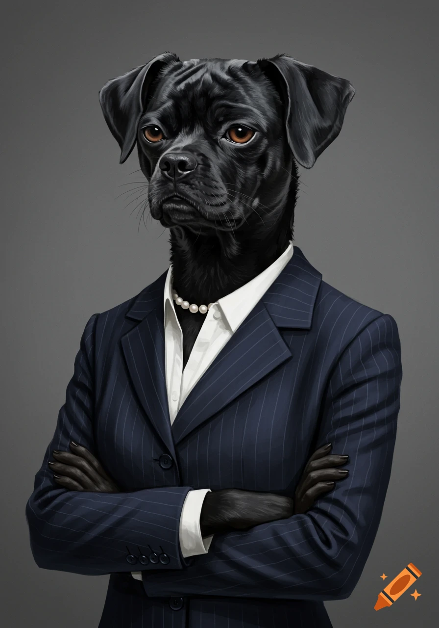 A black puggle dog wearing a dark pinstripe business suit and pearl necklace, with arms crossed.