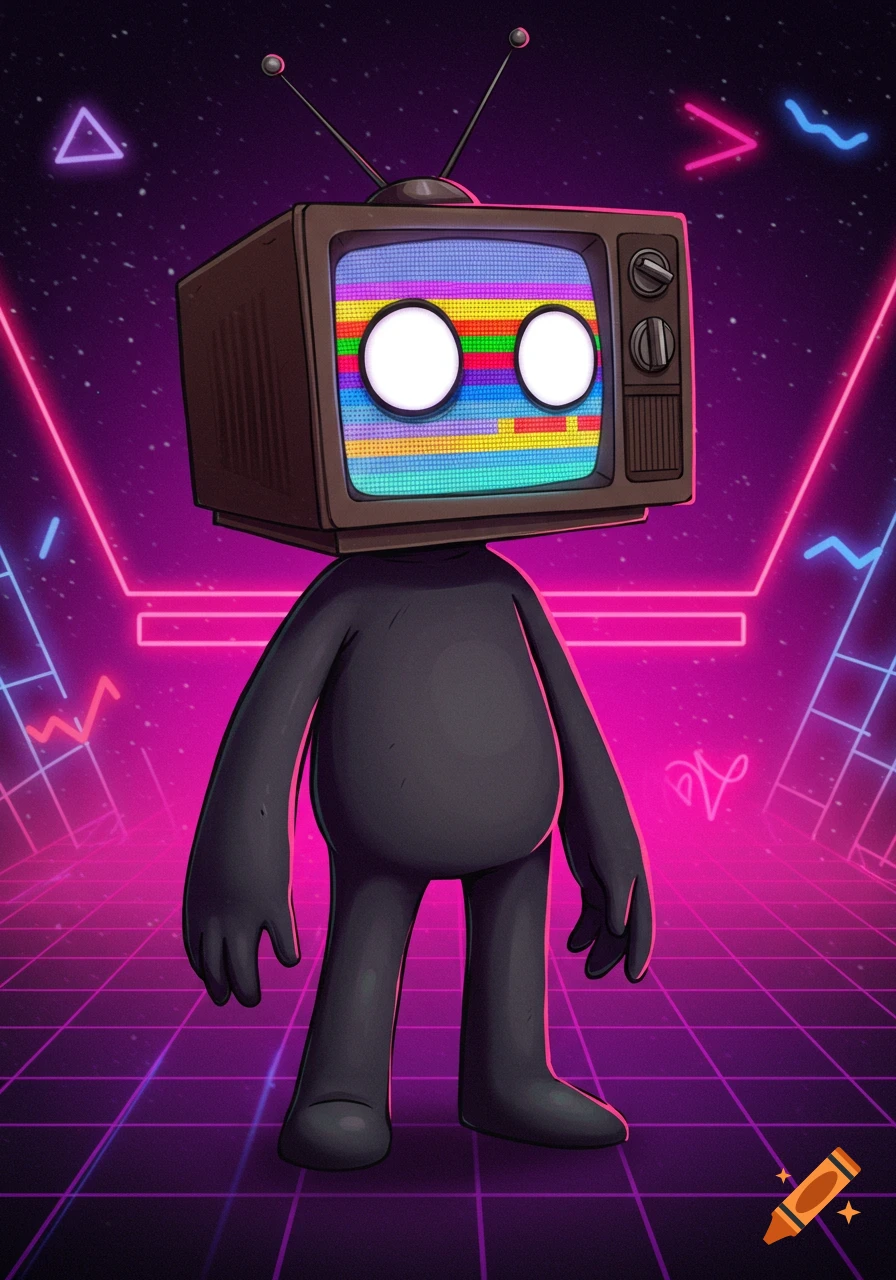 A character with a retro TV head showing static, standing in a synthwave grid background.