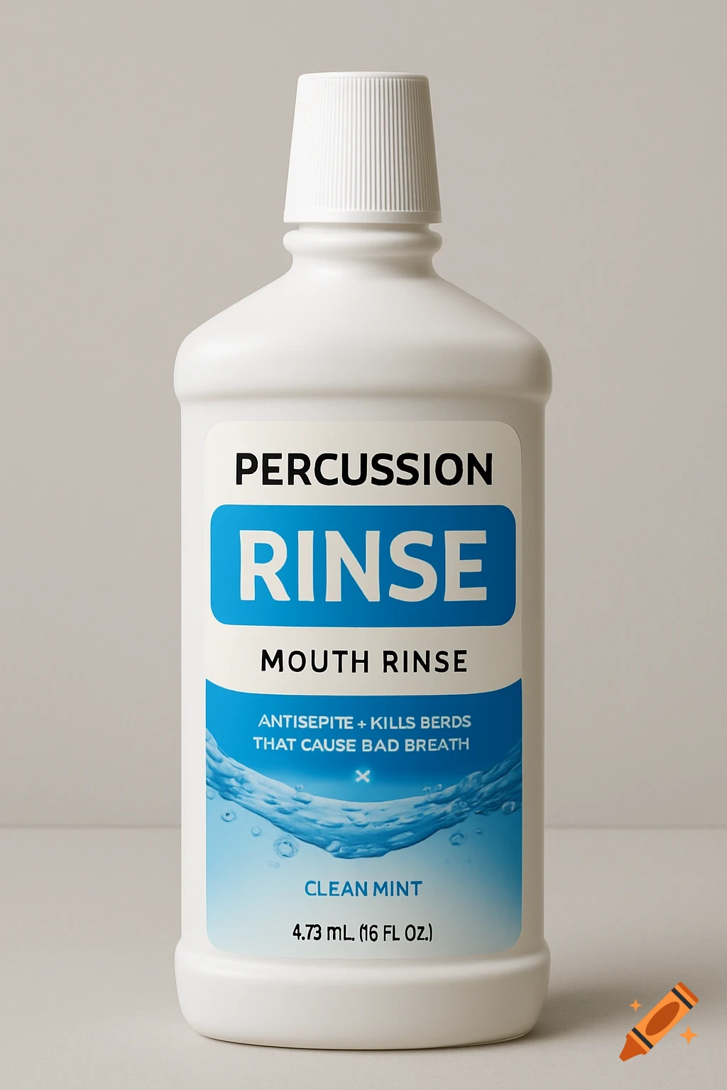 A photo of a white bottle of mouthwash with a blue and white label.