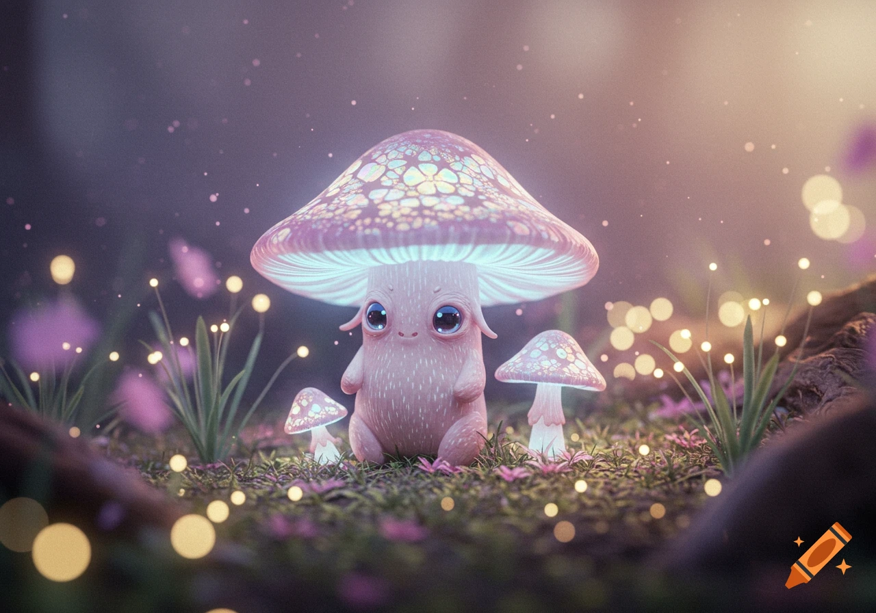 A whimsical mushroom creature with big eyes sits among glowing plants in a magical forest.
