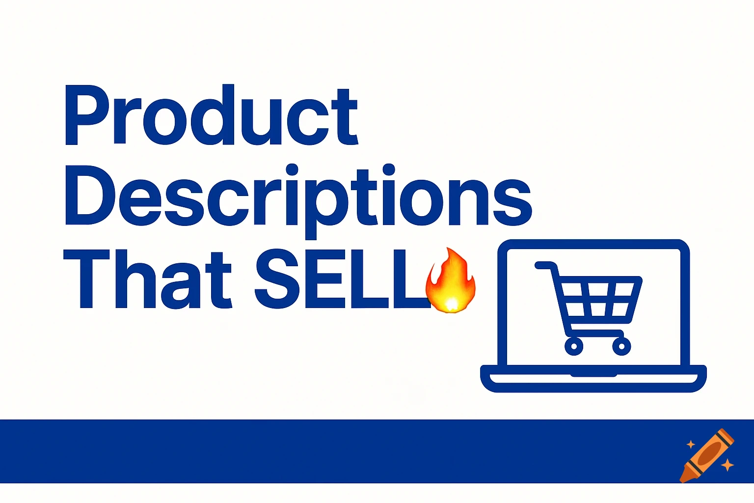 Graphic with text 'Product Descriptions That SELL 		' and a laptop icon with a shopping cart.