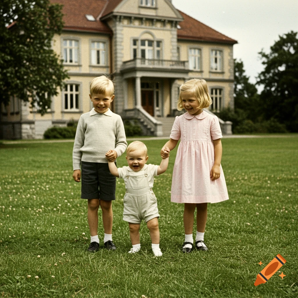 Vintage photo of three children holding hands on a lawn with a mansion behind them.