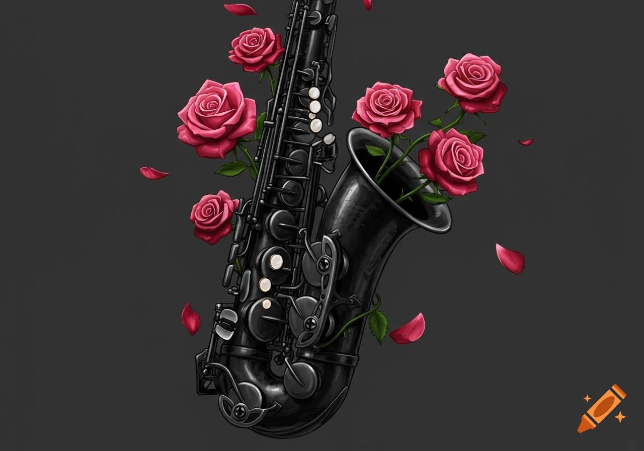 A black saxophone with pink roses growing from the bell, with petals falling.
