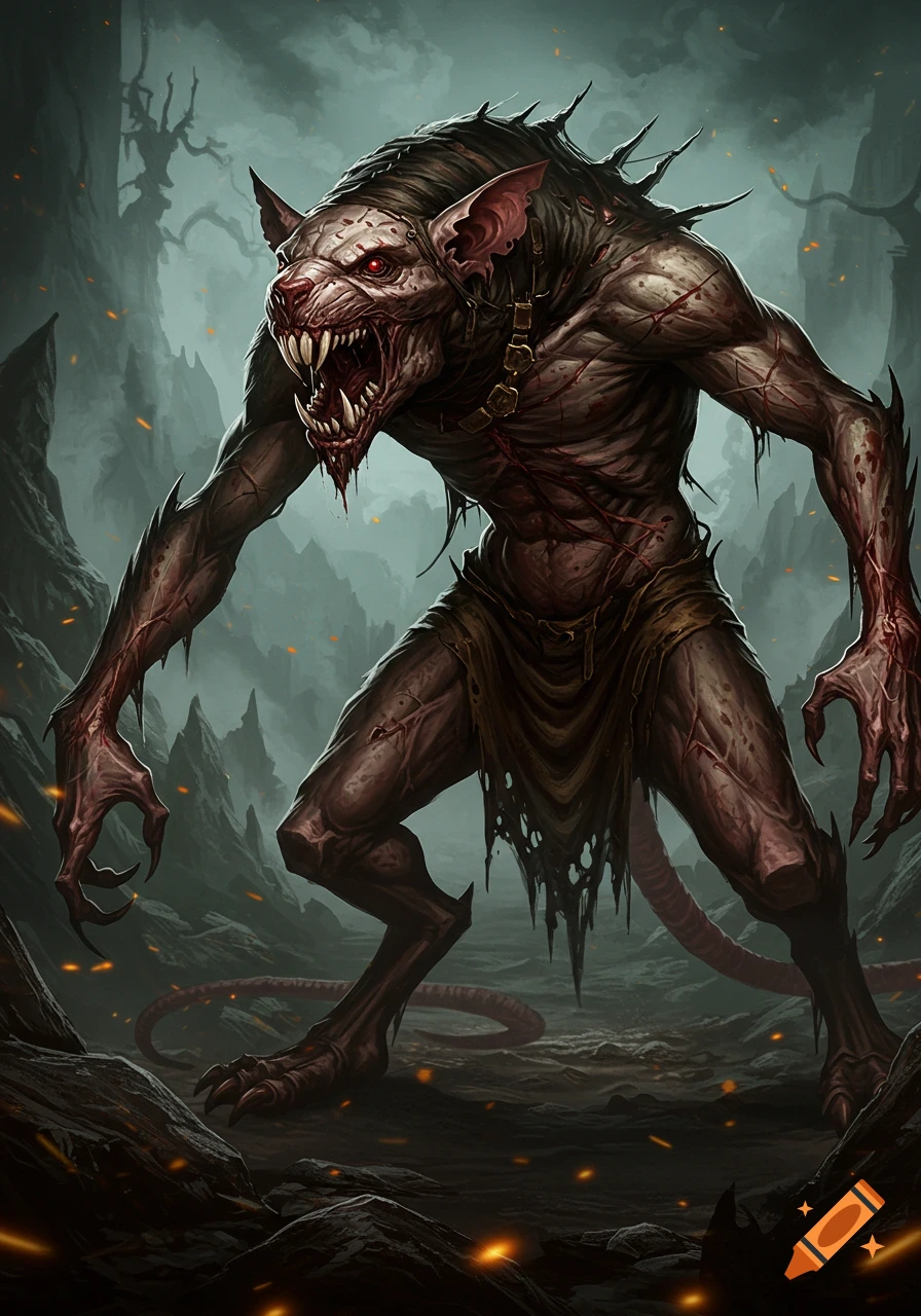 A rat-like monster with sharp teeth and claws stands in a dark, rocky landscape.