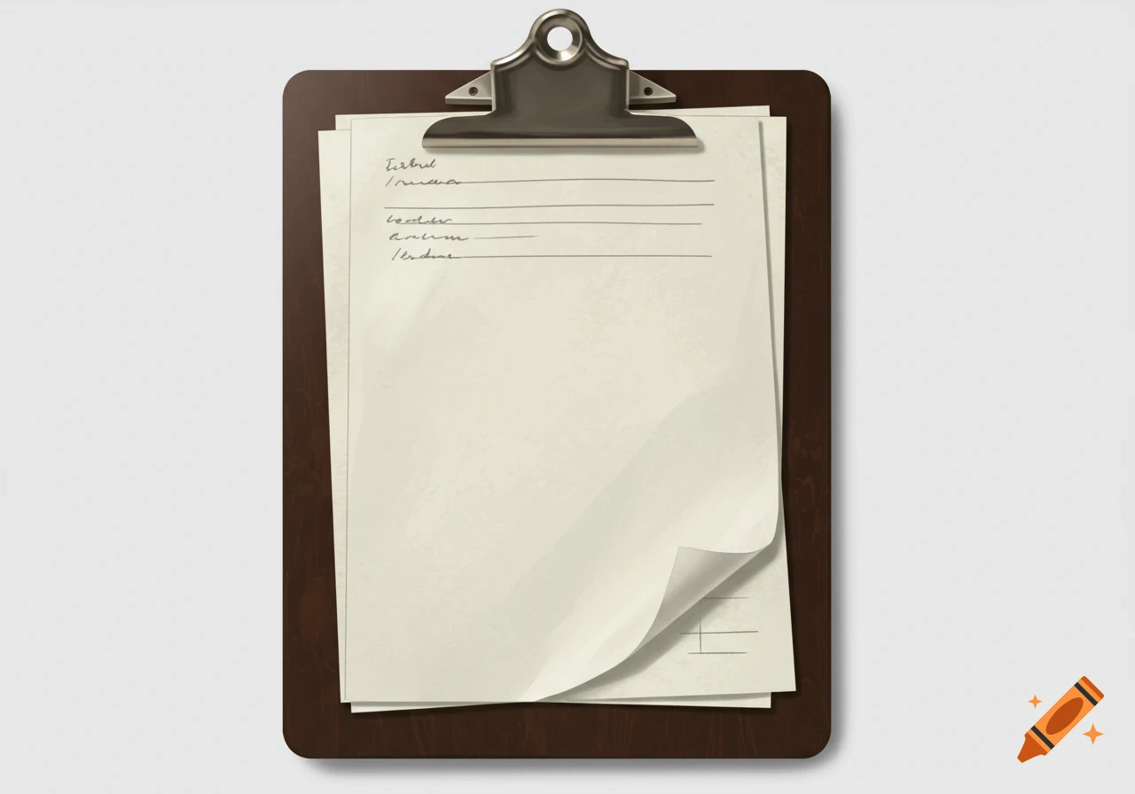 A clipboard with several papers clipped to it.