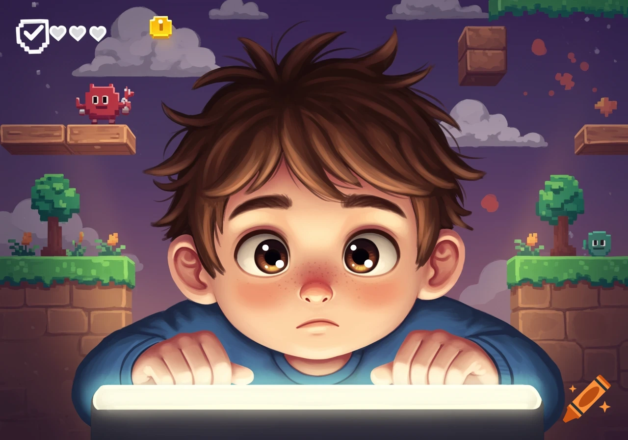 Cartoon of a child playing a pixelated video game on a bright screen.