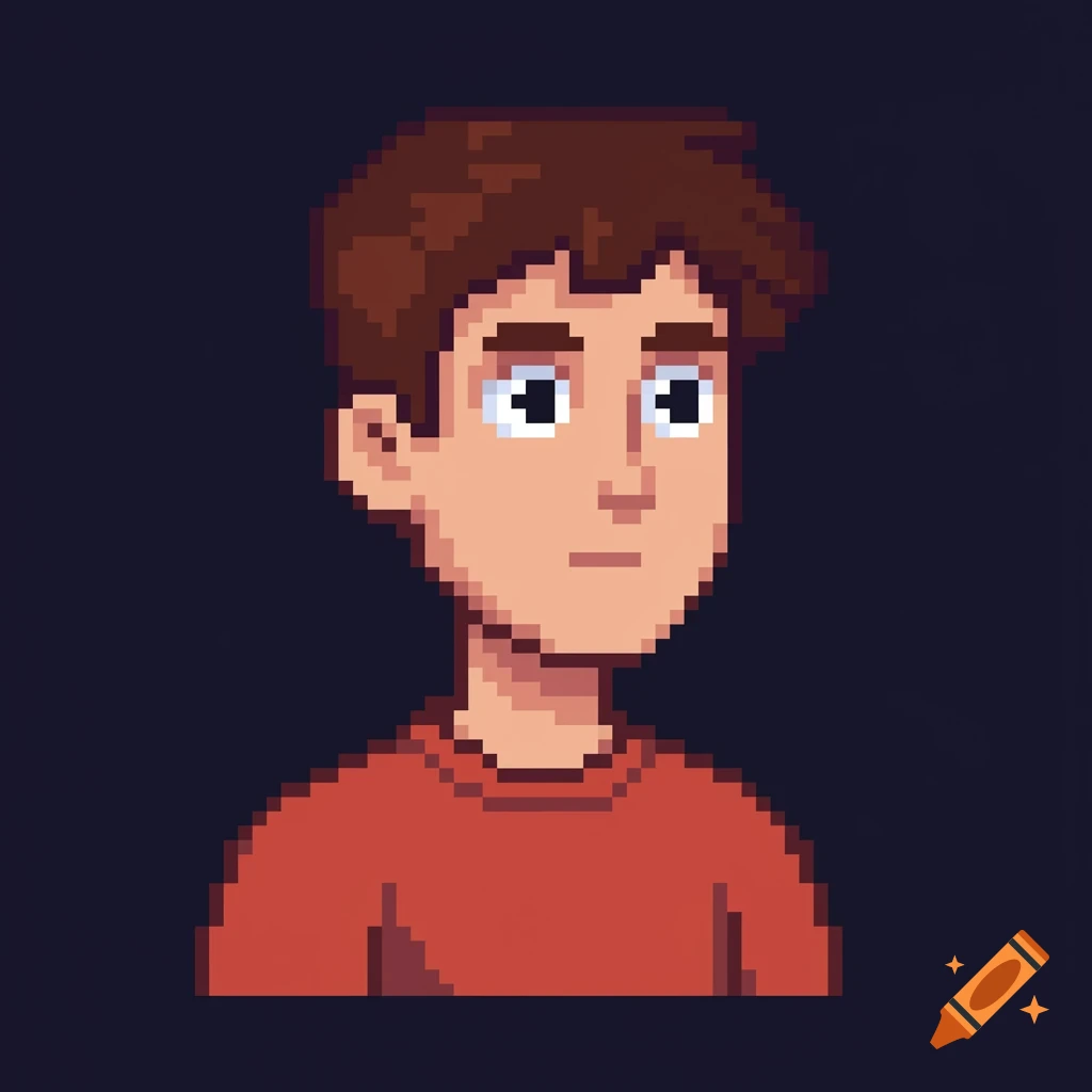 Pixel art portrait of a person in a red shirt against a dark background.