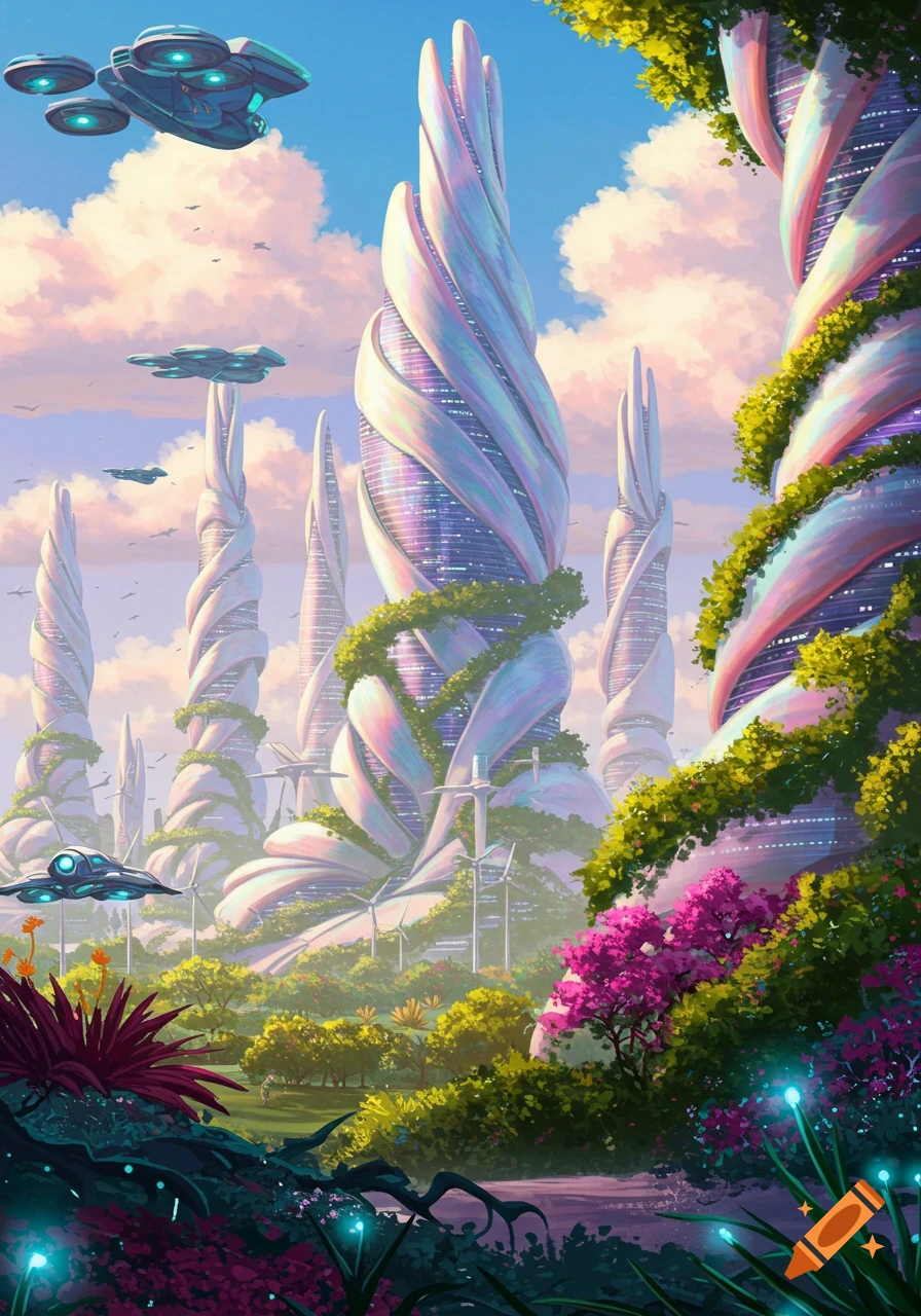 A futuristic city with twisting white buildings, lush greenery, pink flowers, and flying vehicles under a cloudy sky.