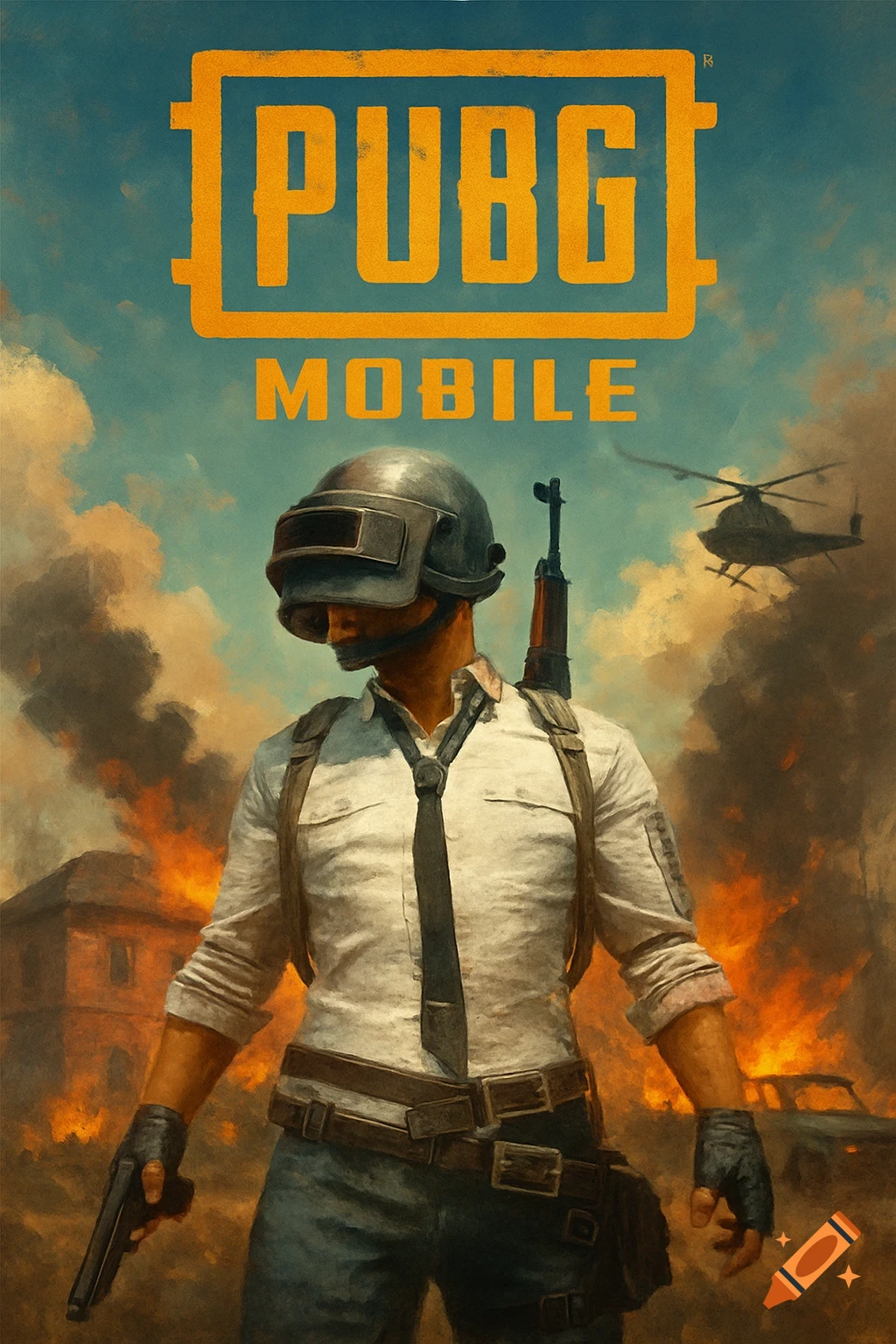 A soldier with a gun and helmet, with explosions and a helicopter in the background, and the PUBG MOBILE logo.
