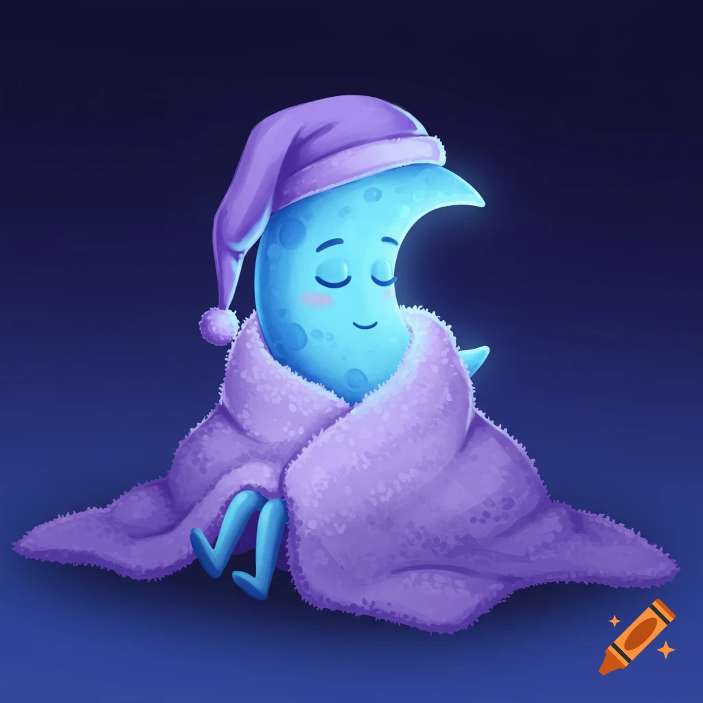 A cute blue crescent moon character wearing a purple sleeping cap and wrapped in a purple blanket.