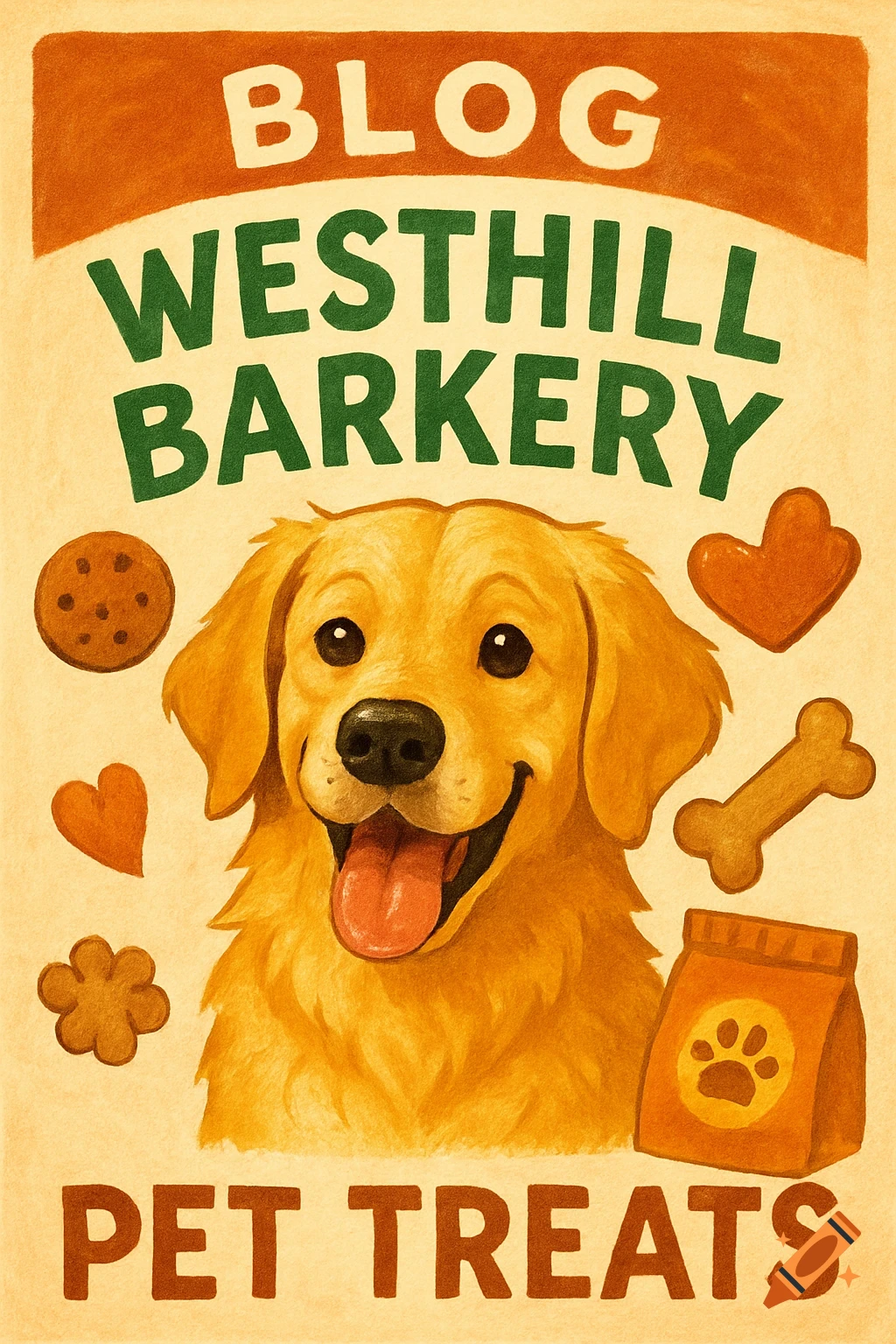 A happy golden retriever is surrounded by pet treats on a poster advertising a blog for Westhill Barkery.