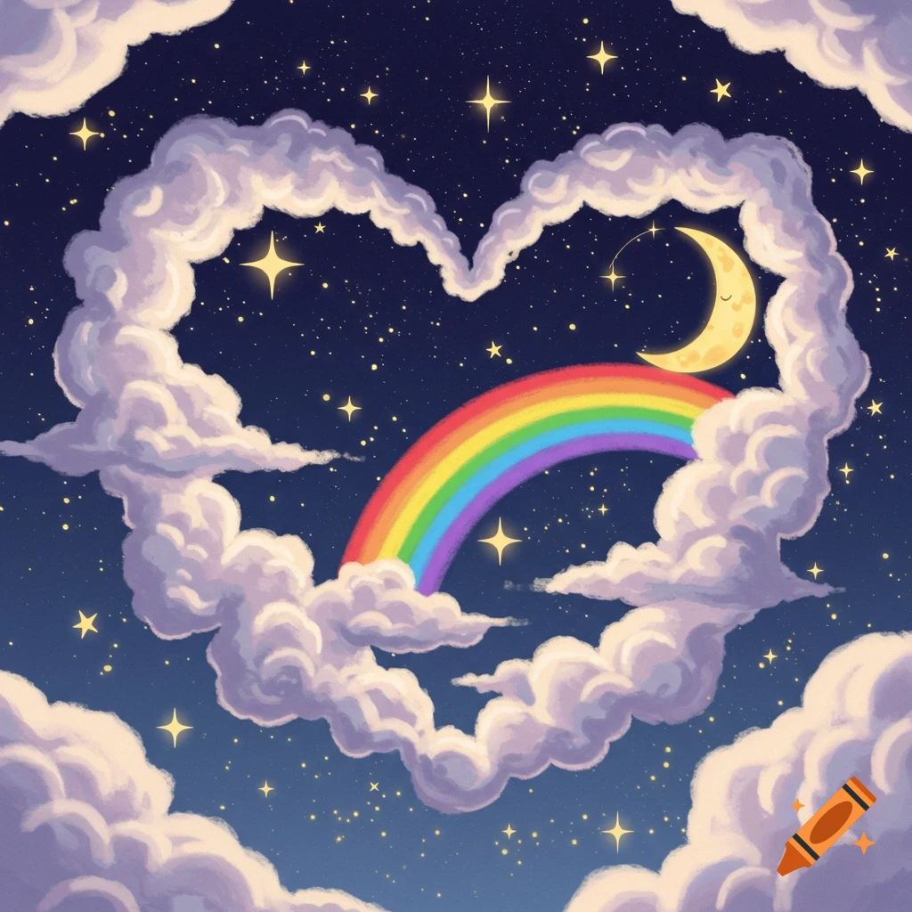 Heart-shaped clouds frame a night sky with a rainbow, stars, and crescent moon.