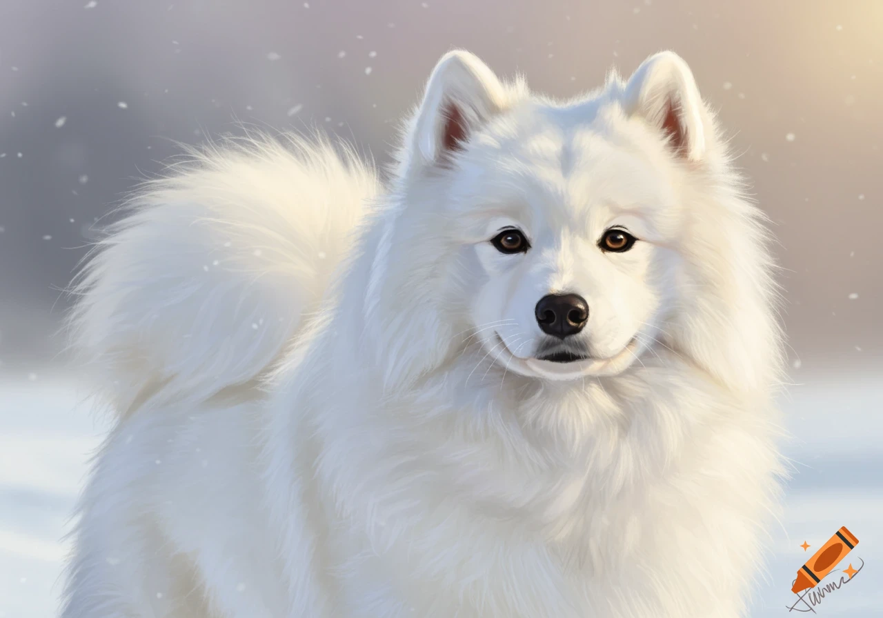 A fluffy white Samoyed dog in the snow