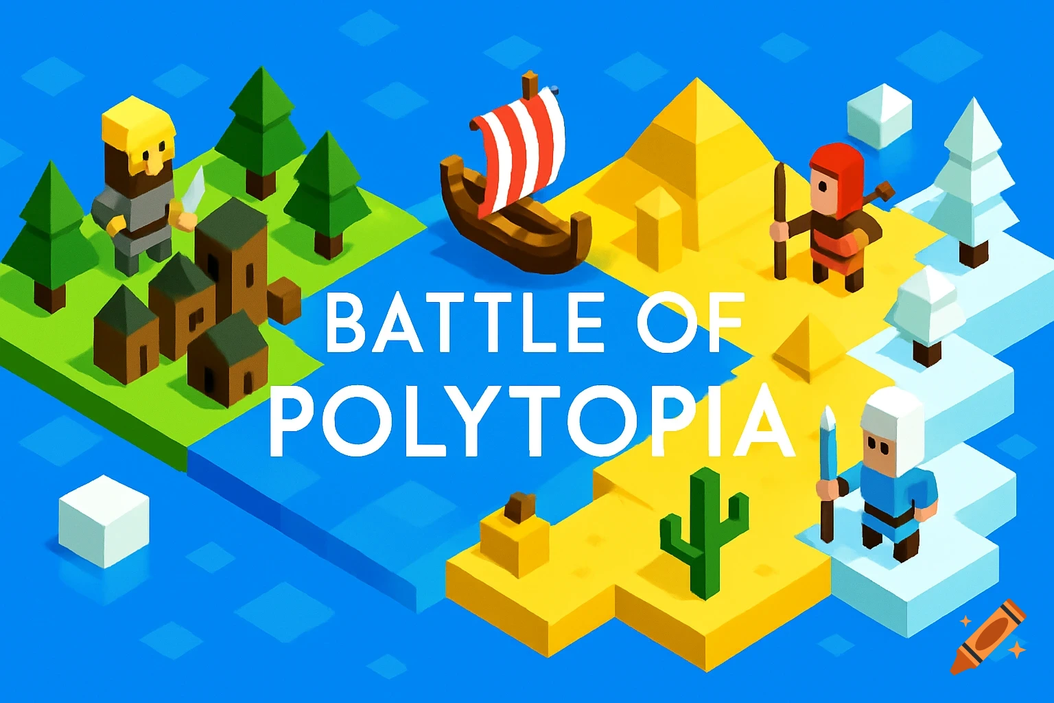 Isometric view of a stylized game map with blocky characters, buildings, and landscapes, featuring the title 'Battle of Polytopia'.