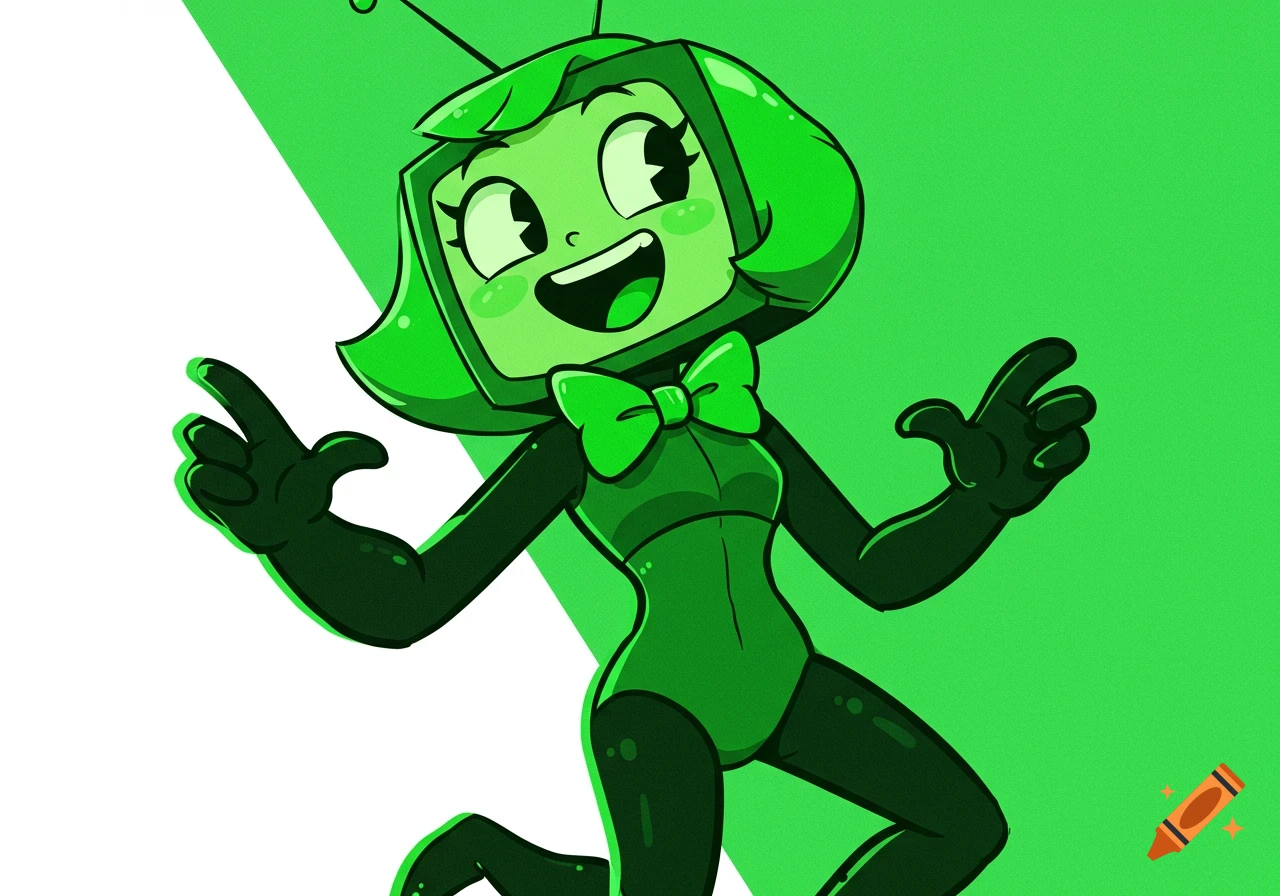 A green TV-headed cartoon character wearing a green bow tie and leotard, striking a pose.