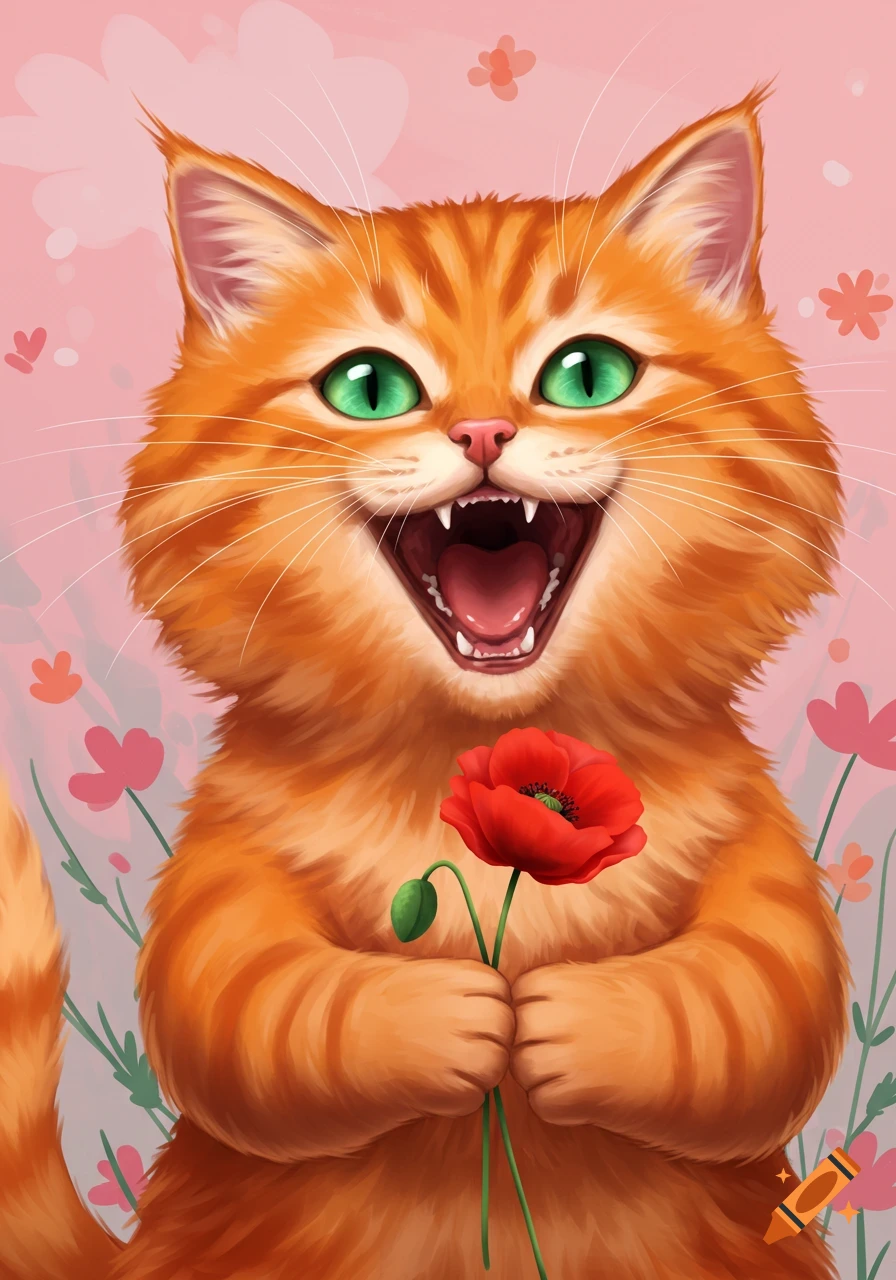 A laughing orange tabby cat holding a red poppy flower.