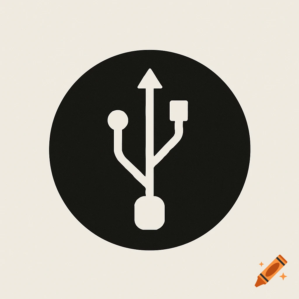 White USB symbol icon inside a black circle