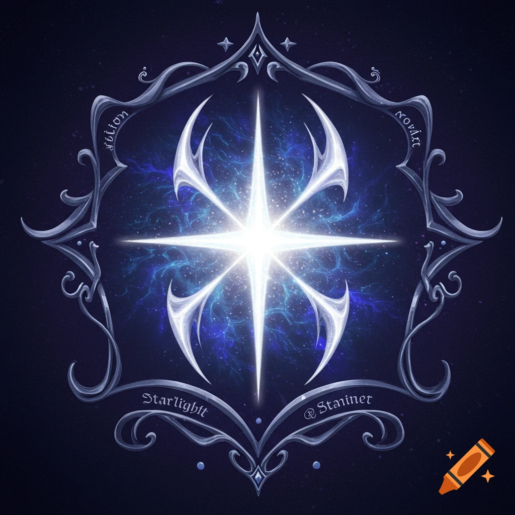 A silver Elven family crest with a bright star and swirling light, set against a dark background resembling a nebula.