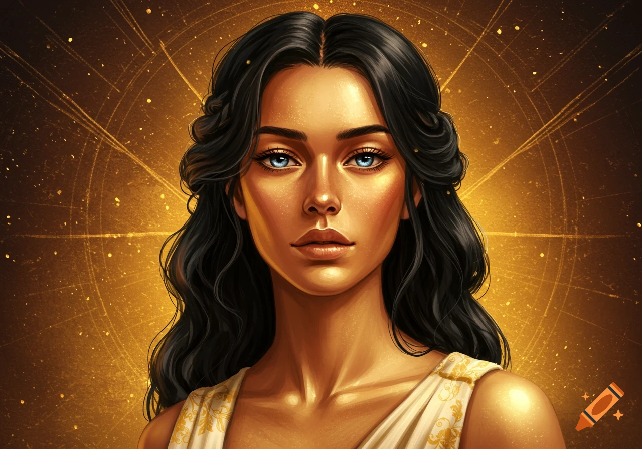A woman with black hair against a golden celestial background.