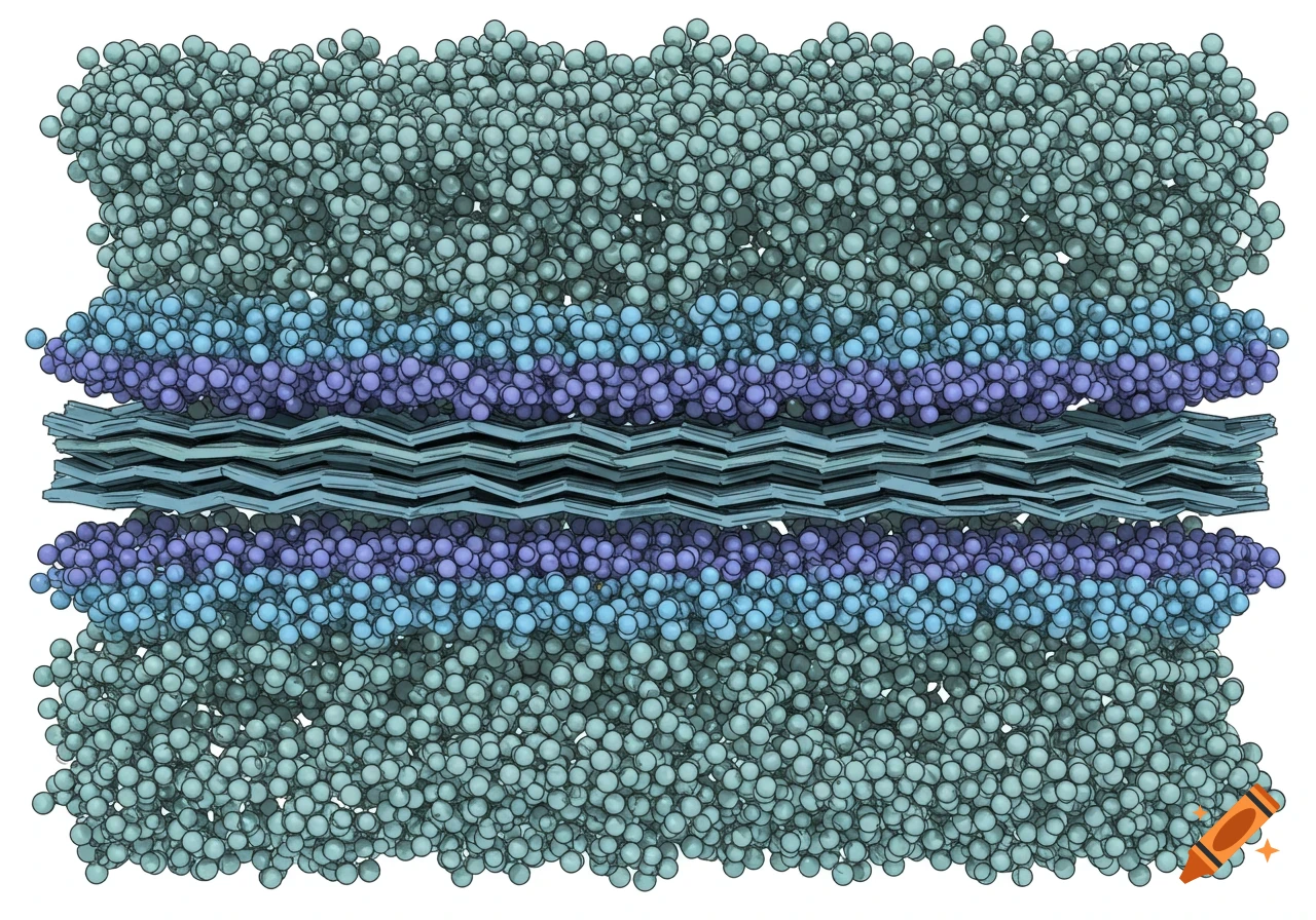 A lamellar phase of a diblock polymer, showing layered spheres and zig-zag structures.