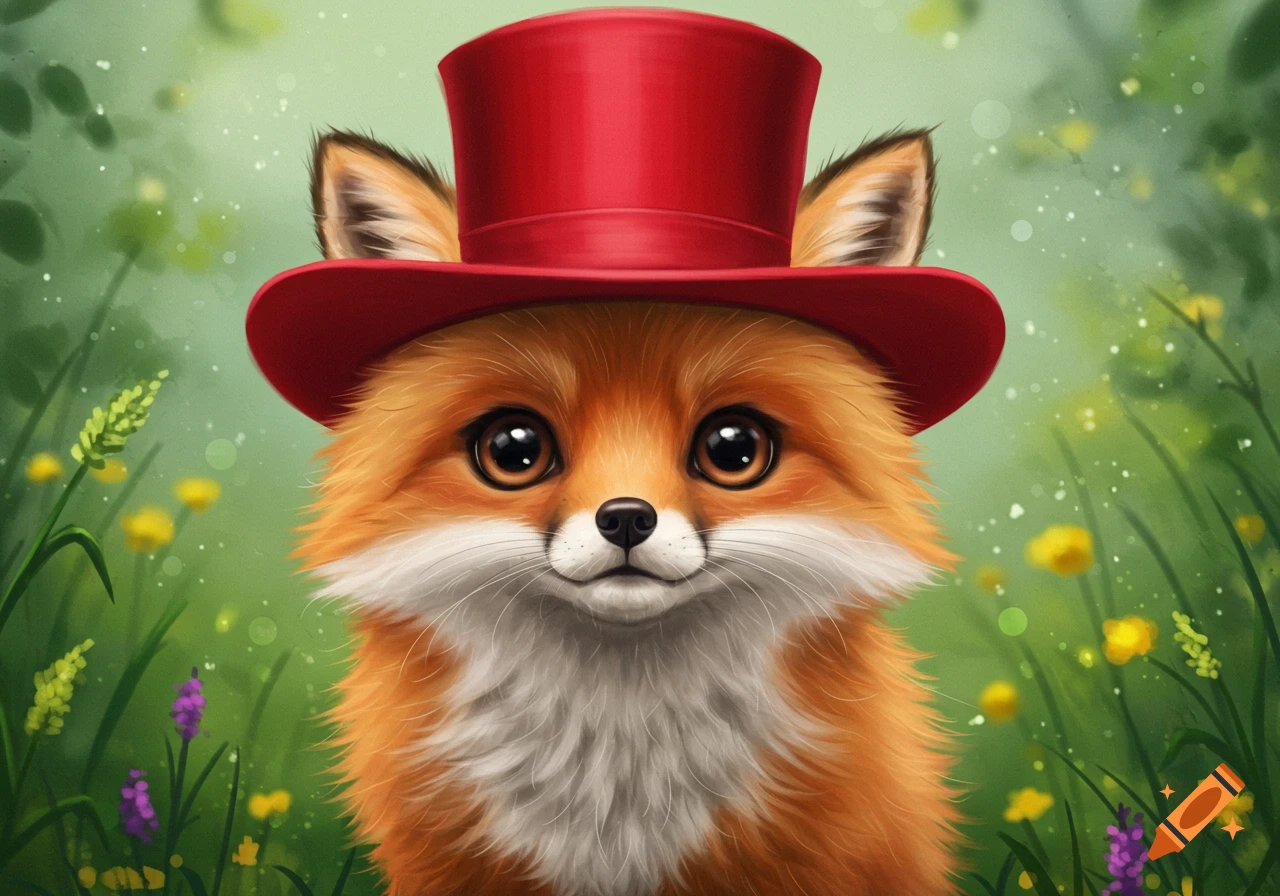 A cute fox wearing a red top hat sits in a field of flowers.