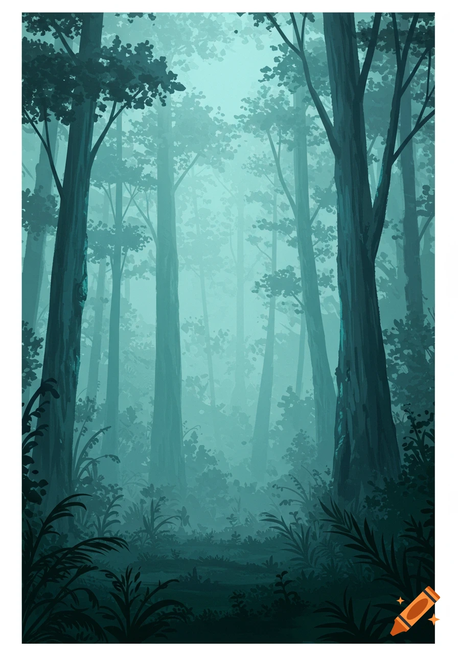 A misty forest scene with tall trees and dense foliage.