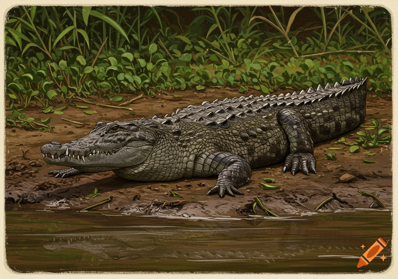 A detailed image of a crocodile resting on a muddy riverbank.