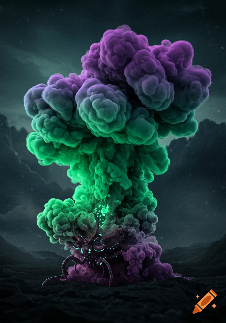 A dark creature emitting purple and green smoke in a desolate landscape.