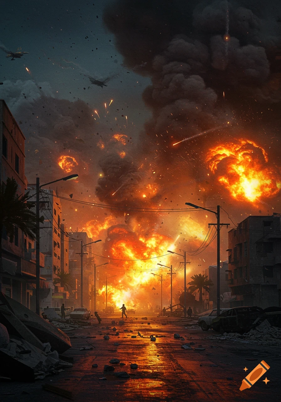 A city street devastated by explosions and smoke during an air raid, with figures fleeing.