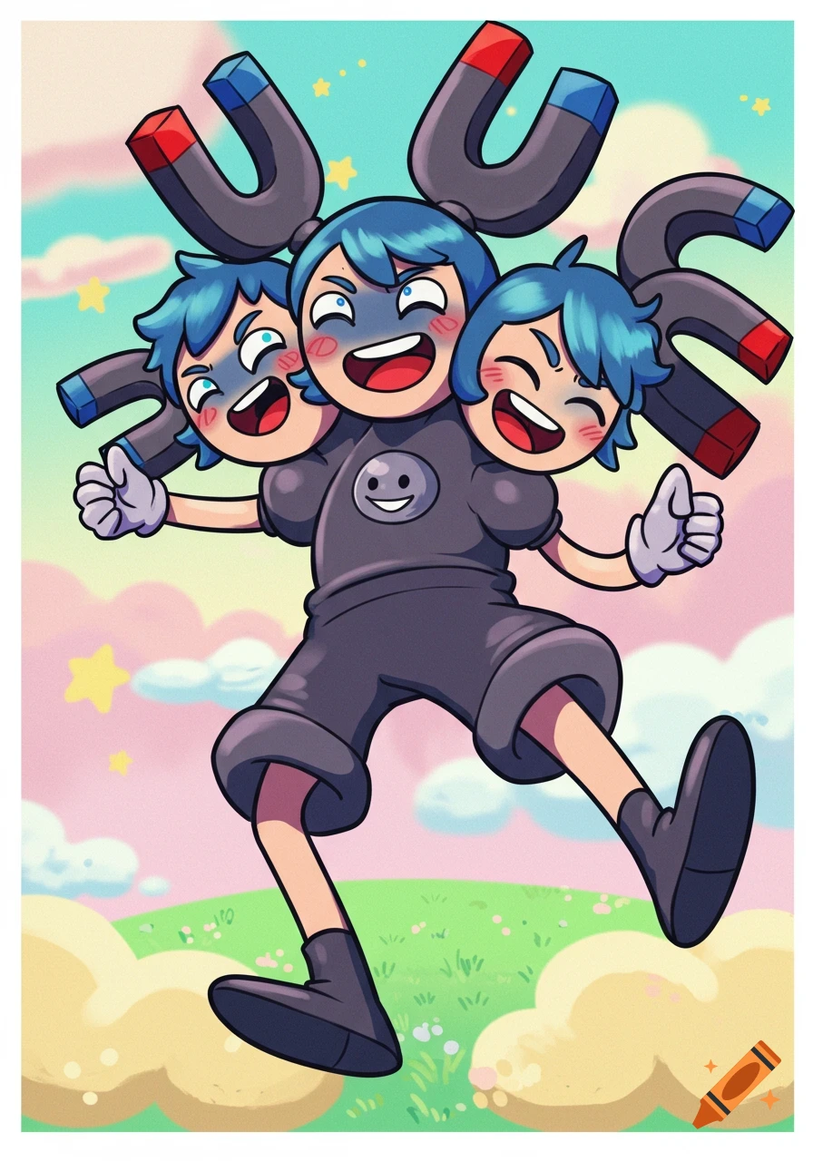 Cartoon character resembling a human Magneton with three heads and magnetic attachments, smiling against a pastel sky.