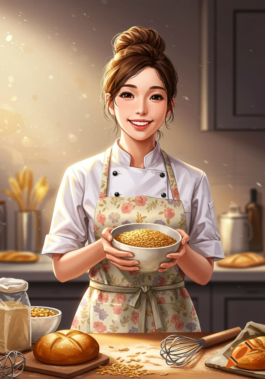 A smiling female baker in an apron, holding a bowl of grain in a sunlit kitchen.