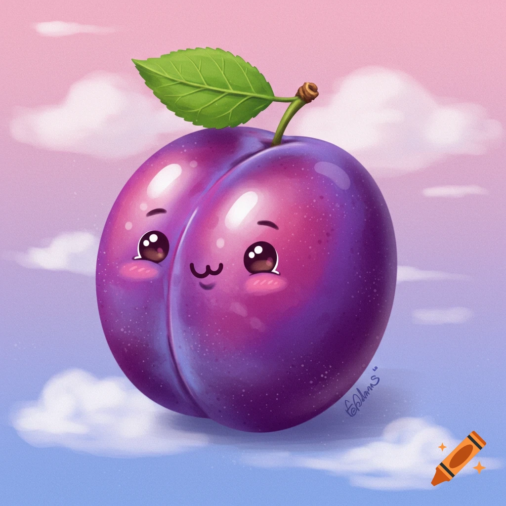 A cute cartoon plum with a face floats in a cloudy pink and blue sky.