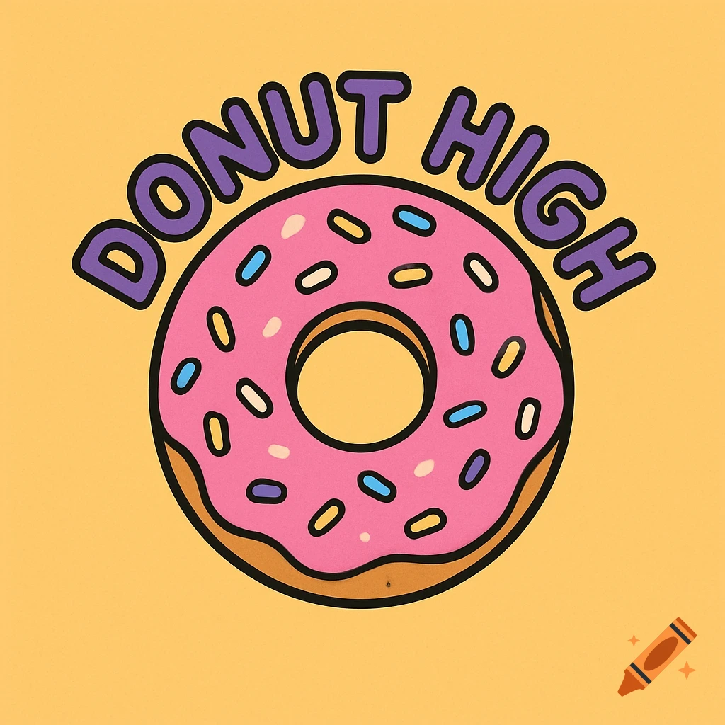 Cartoon donut with pink frosting and sprinkles and text 'DONUT HIGH' on yellow background.
