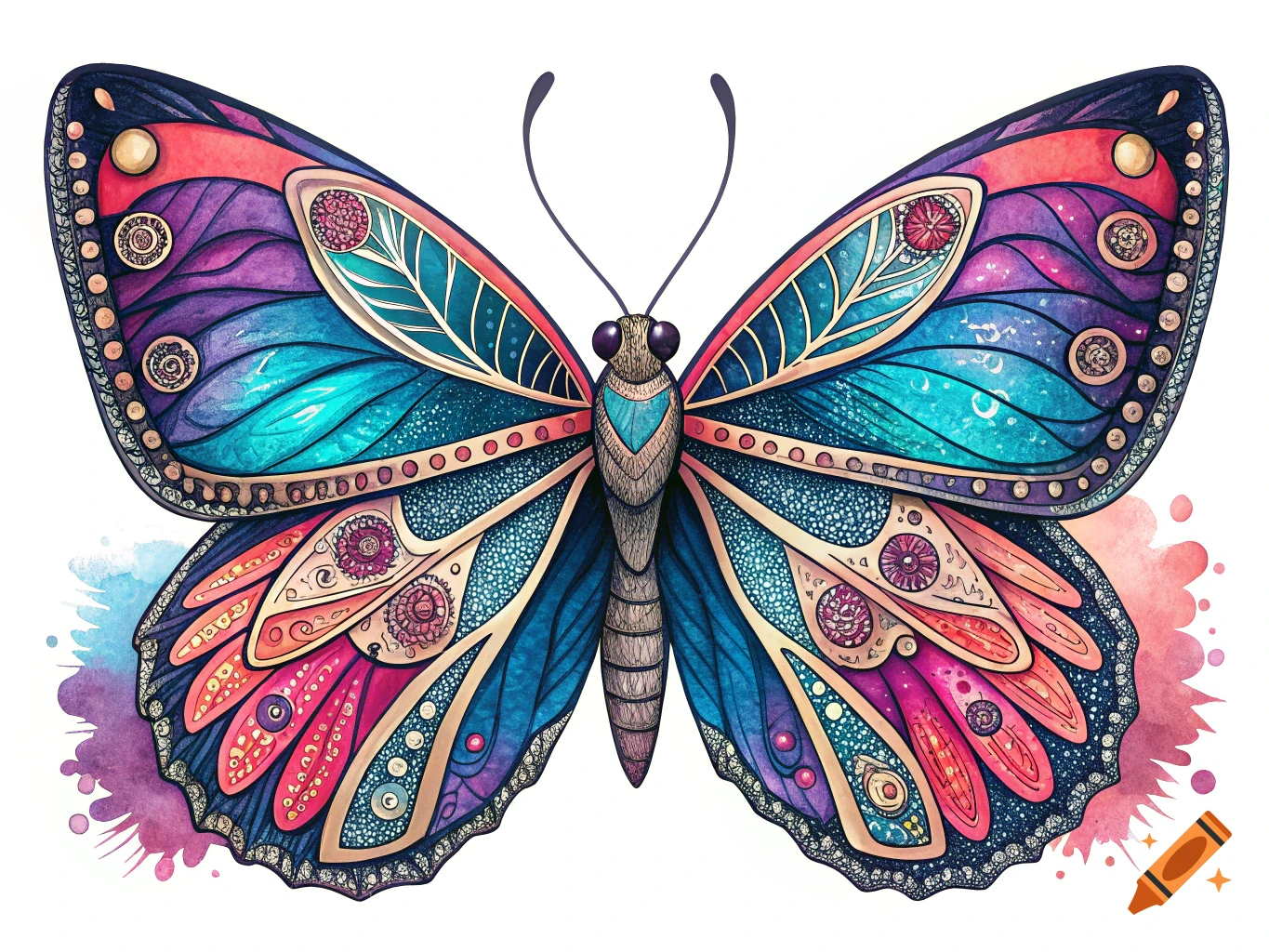 Colorful watercolor illustration of a butterfly with intricate patterns on its wings.