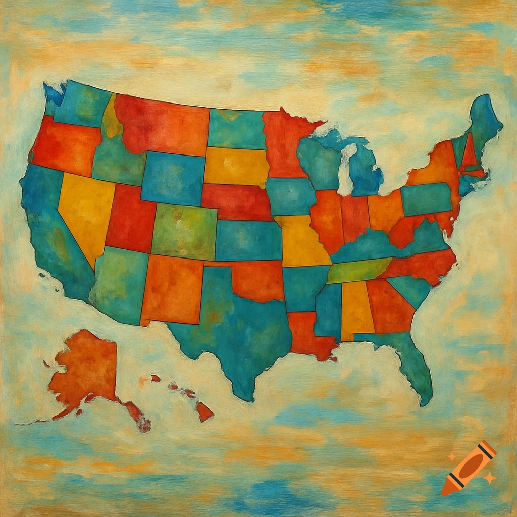 A vibrantly colored, stylized map of the United States in a painted texture against a sky background.