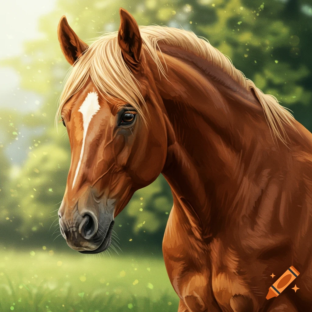 Portrait of a brown horse in a field.