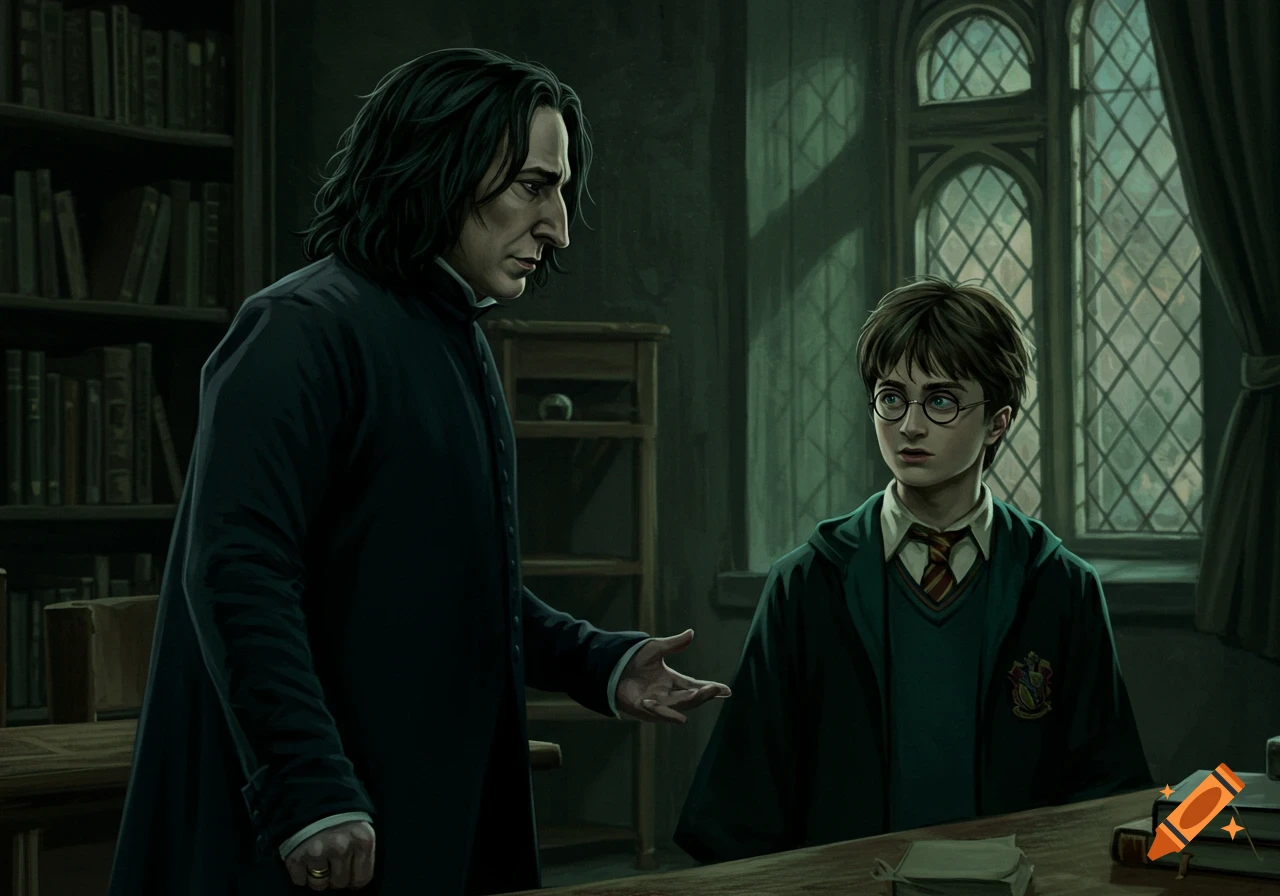 Severus Snape talking to Harry Potter in a room with bookshelves.