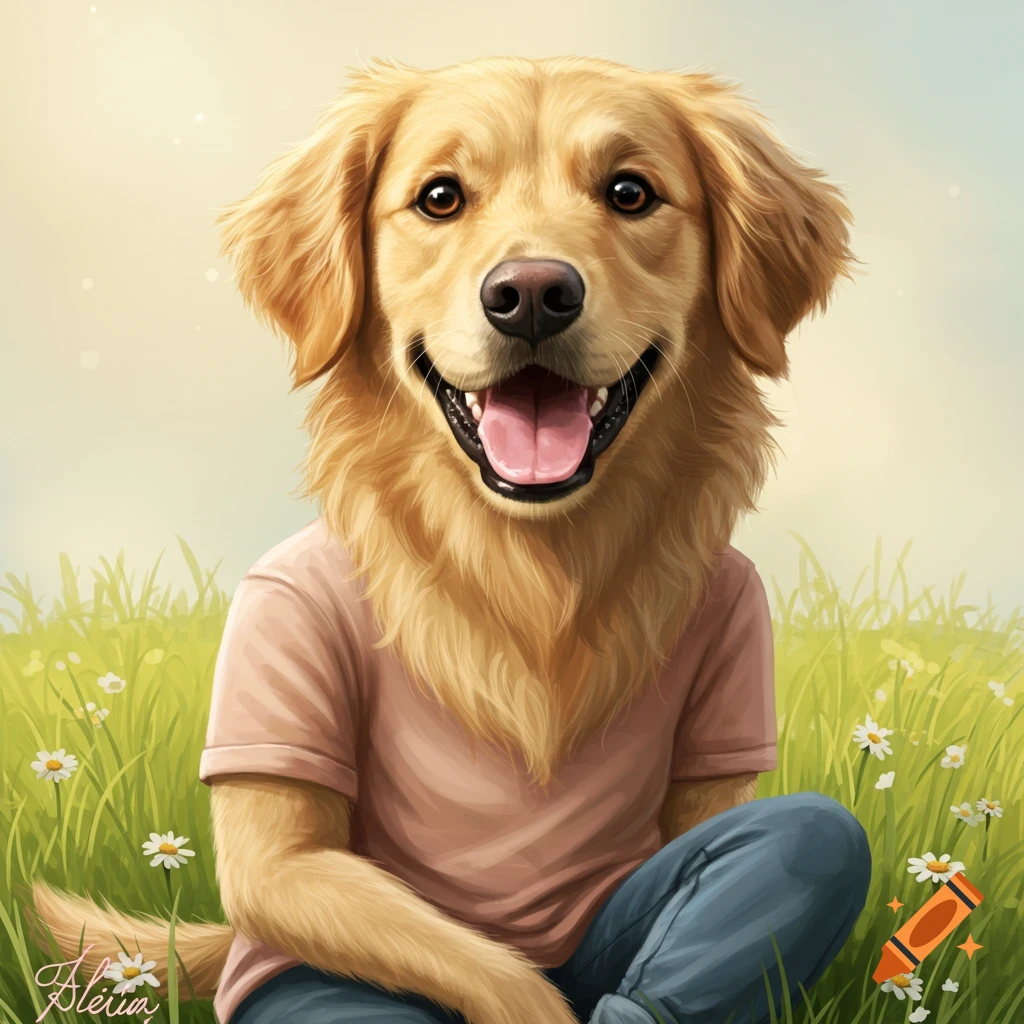 Golden Retriever dog with human arms and legs, wearing a pink t-shirt and jeans, sitting in a field.