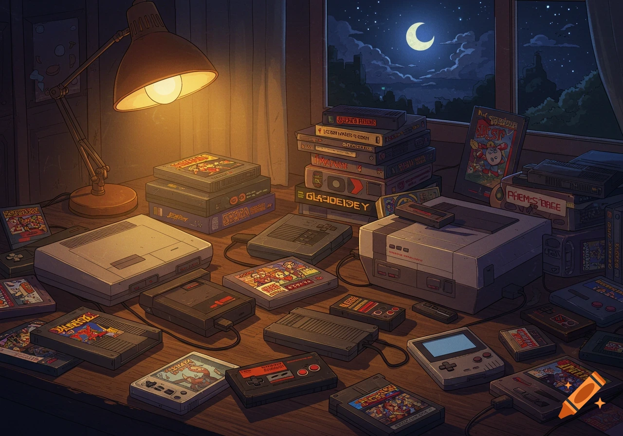 A collection of retro video game consoles, cartridges, and controllers on a wooden table with a lamp and moonlit window in the background. Digital art.