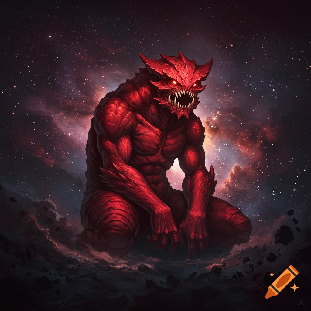 A red monster crouching in space.