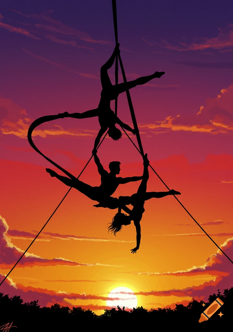 Silhouette of three aerial acrobats performing against a vibrant sunset background