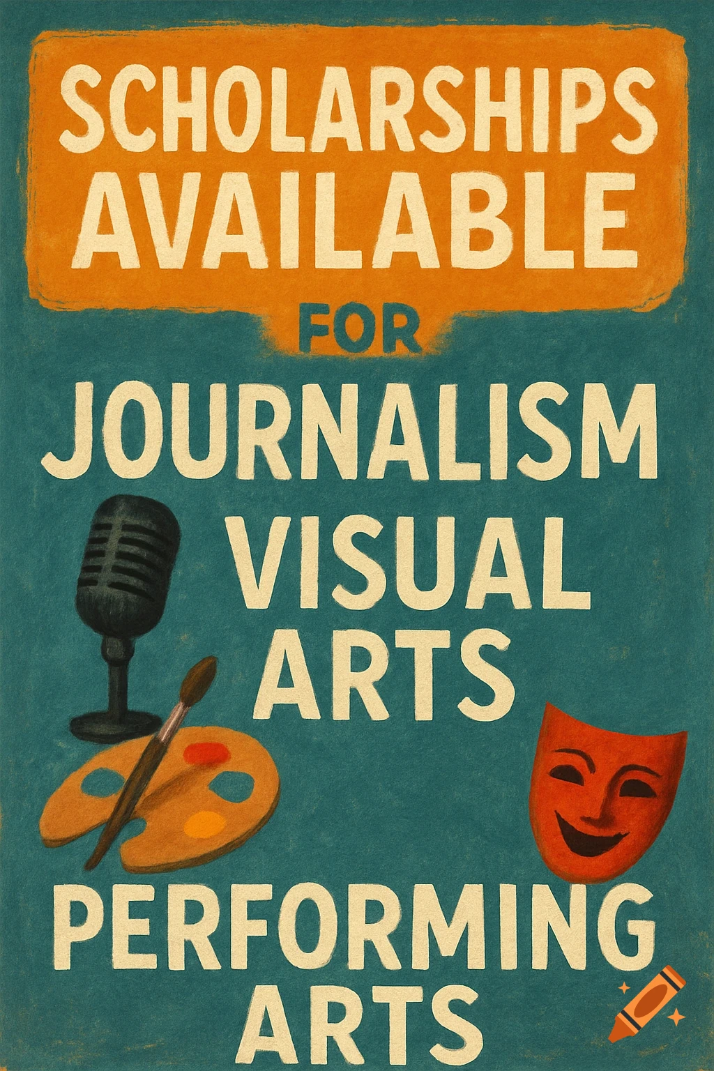 Poster announcing scholarships for journalism, visual arts, and performing arts, with icons.