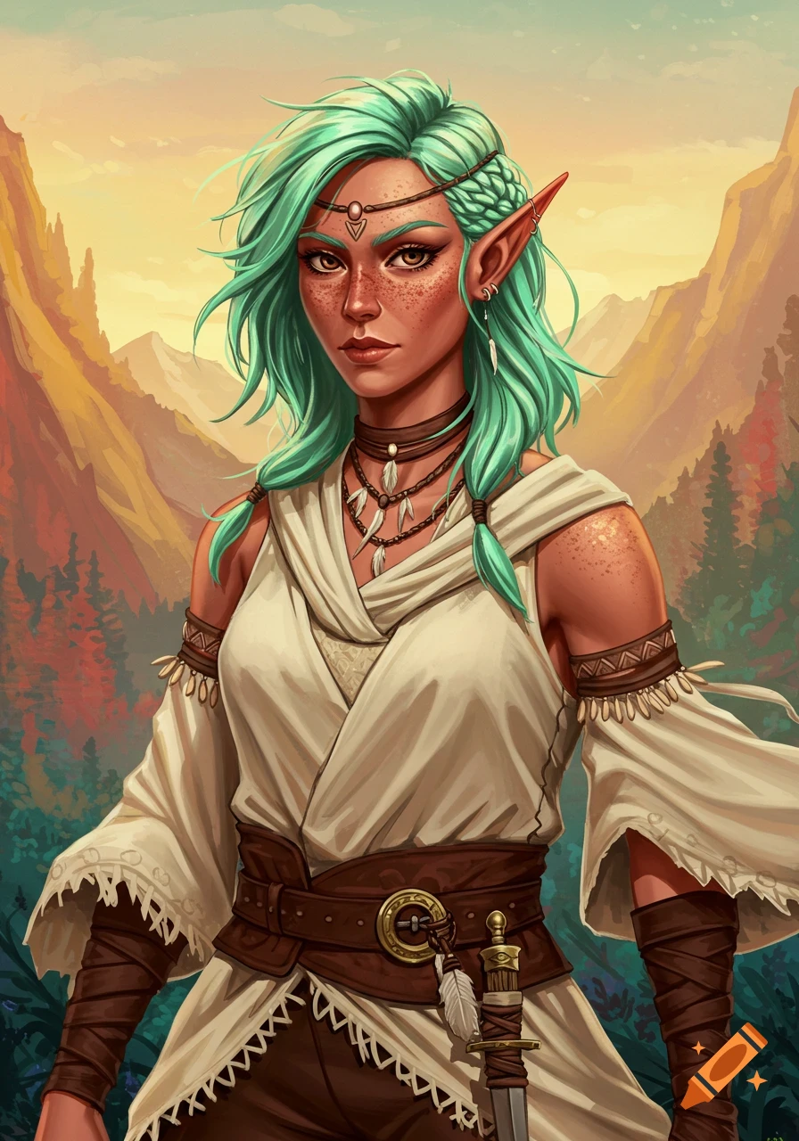 A female elf with green hair and freckles wearing cream bohemian clothing in a mountain landscape.